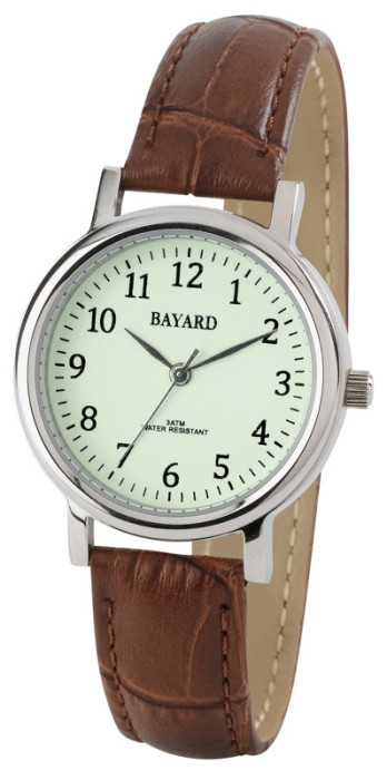 Montre ronde lumineuse boitier argenté bracelet façon croco marron Bayard