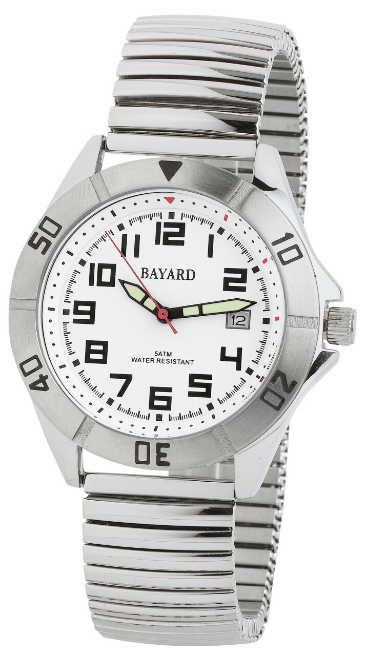 Montre ronde homme m&eacute;tal bracelet extensible avec date en fran&ccedil;ais Bayard