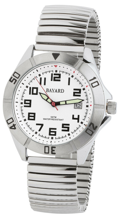 Montre ronde homme m&eacute;tal bracelet extensible avec date en fran&ccedil;ais Bayard