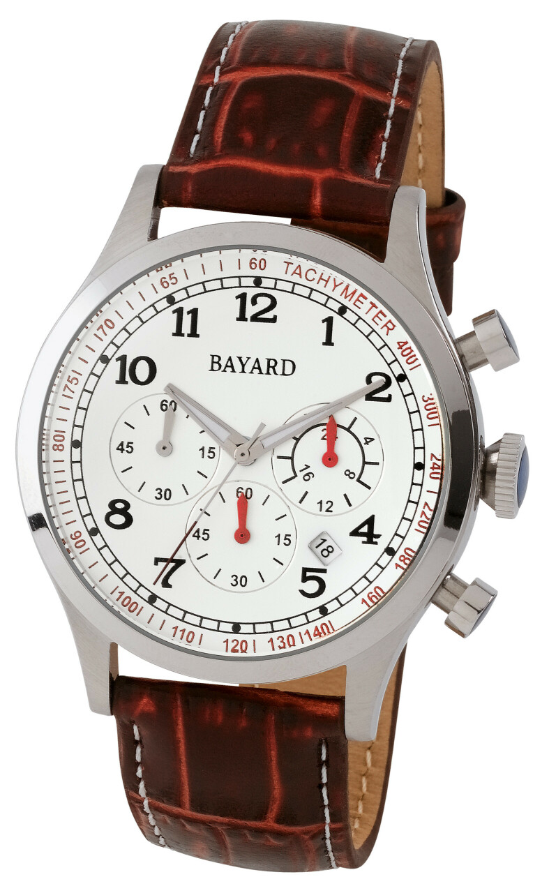 Montre chronom&egrave;tre Bayard ronde argent&eacute;e bracelet cuir marron avec date
