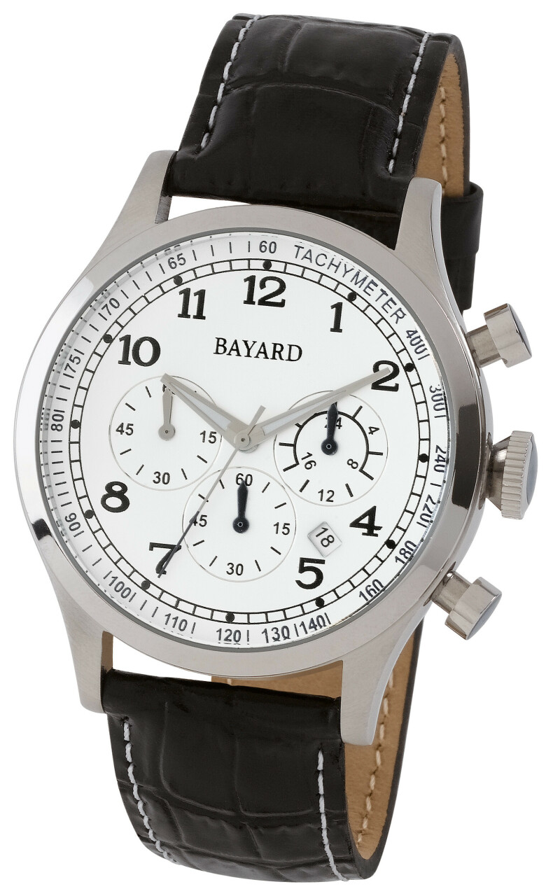 Montre chronom&egrave;tre Bayard ronde argent&eacute;e bracelet cuir noir avec date