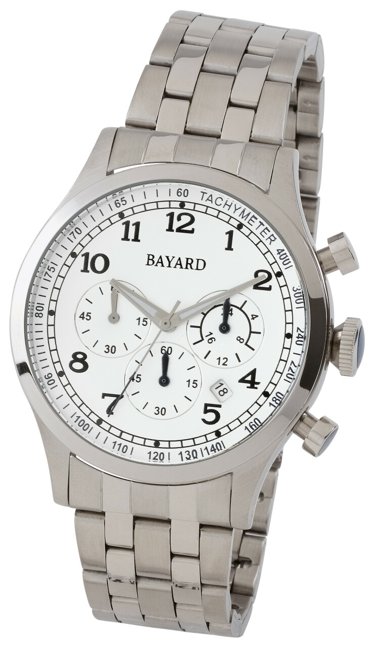 Montre chronom&egrave;tre Bayard ronde argent&eacute;e cadran blanc avec date