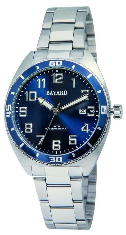 Montre argent&eacute;e avec date lunette bleue Bayard