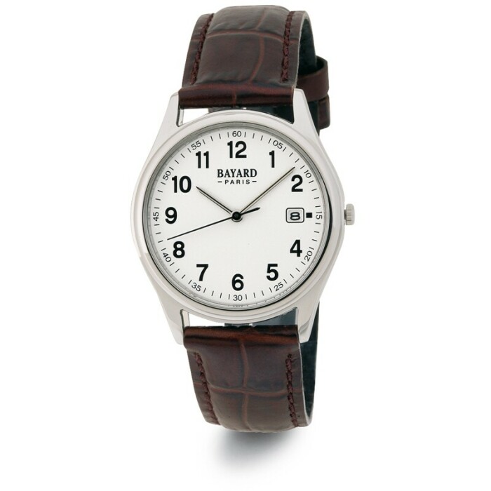Montre ronde pour homme boitier argenté bracelet cuir marron Bayard