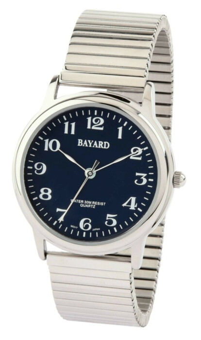 Montre ronde argentée pour homme bracelet extensible cadran bleu marine Bayard