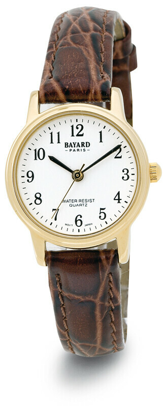 Montre ronde dor&eacute;e pour dame bracelet marron cadran blanc Bayard