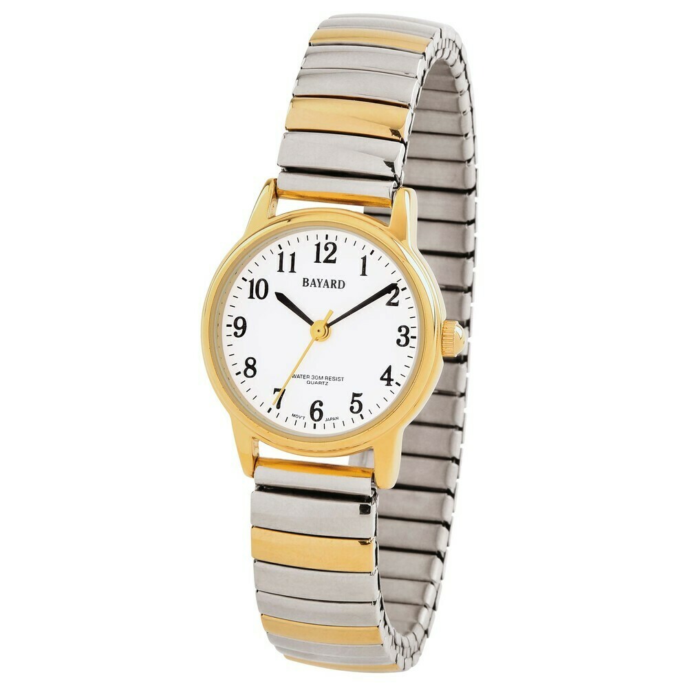 Montre &agrave; quartz pour dames cadran blanc bracelet extensible bicolore