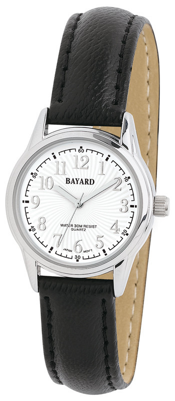 Montre ronde pour homme cadran blanc effet guilloch&eacute; bracelet noir Bayard
