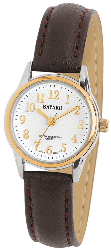 Montre ronde pour homme cadran blanc effet guilloch&eacute; bracelet marron Bayard
