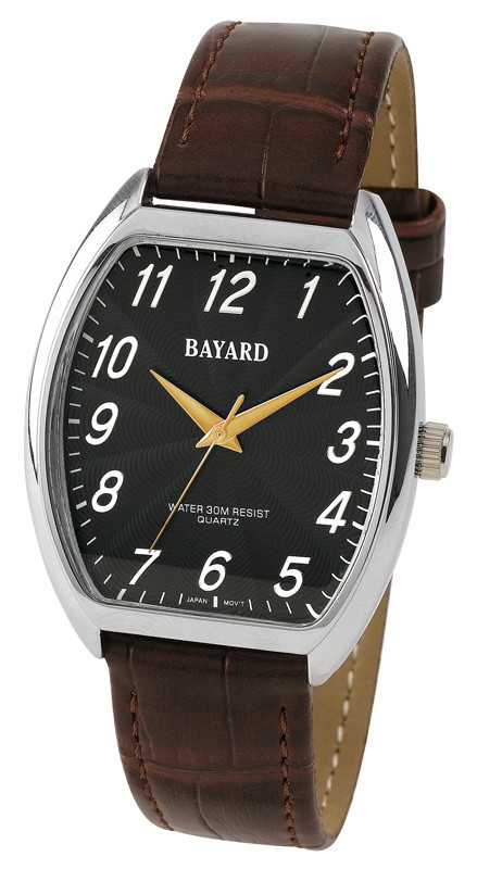 Montre &agrave; quartz forme tonneau pour homme boitier argent&eacute; cadran noir bracelet marron