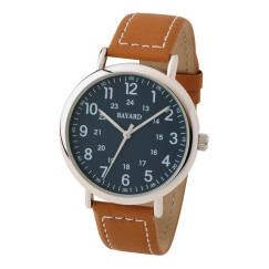 Montre à quartz ronde pour homme cadran bleu bracelet marron