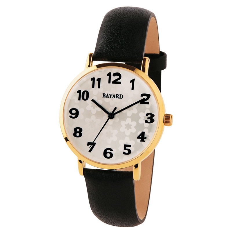 Montre pour dame boitier acier bracelet lisse noir fa&ccedil;on cuir Bayard