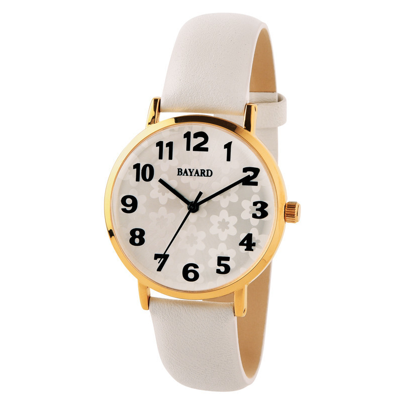 Montre pour dame boitier acier bracelet lisse blanc fa&ccedil;on cuir Bayard