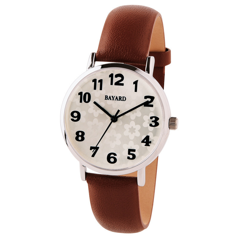 Montre pour dame boitier acier bracelet lisse marron fa&ccedil;on cuir Bayard