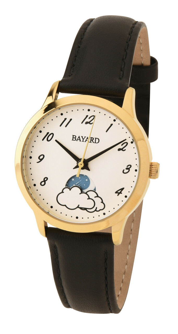Montre femme Bayard ronde dor&eacute;e affichage de la Lune et du Soleil_marron