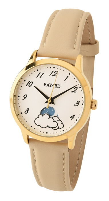 Montre femme Bayard ronde dor&eacute;e affichage de la Lune et du Soleil_beige