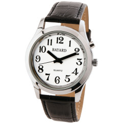 Montre parlante boitier métal bracelet cuir noir