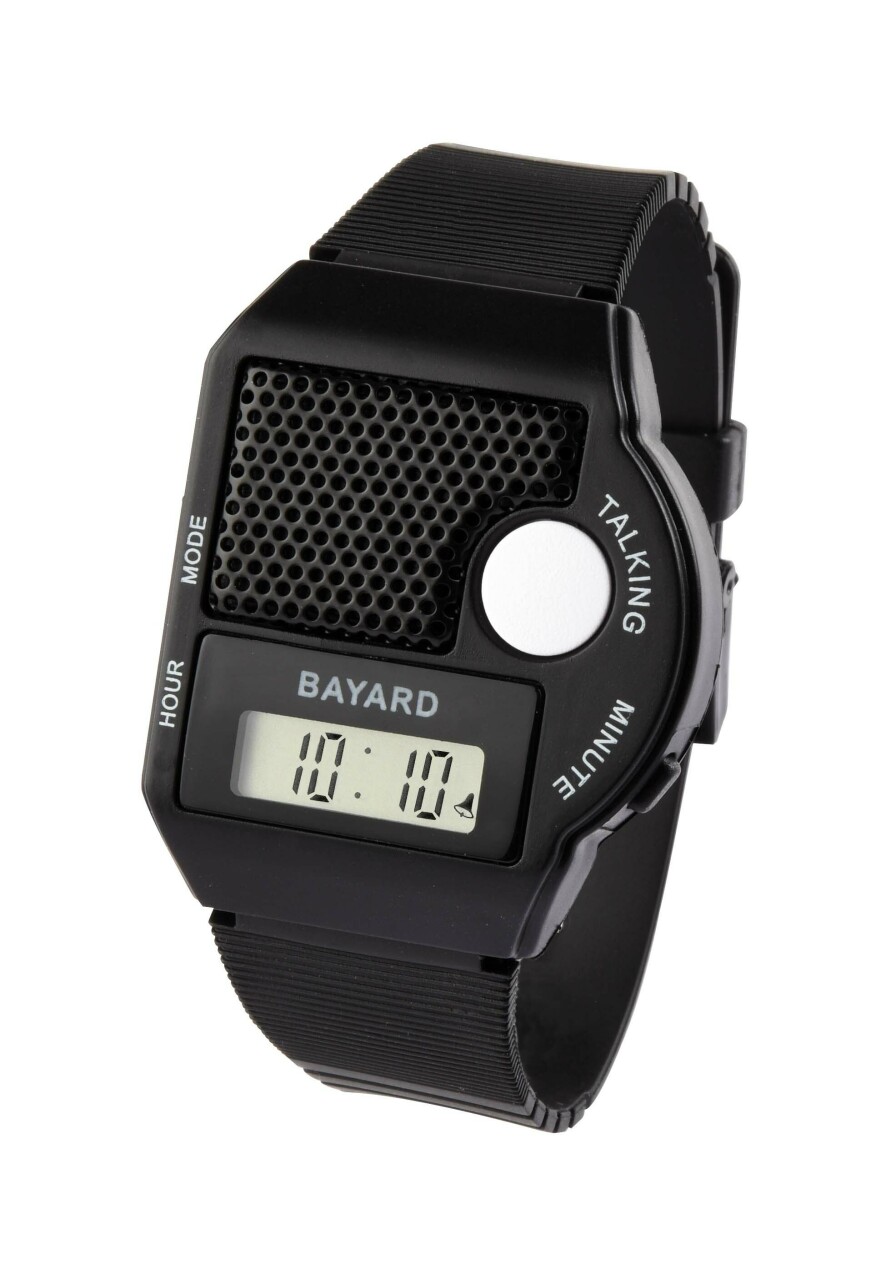 Montre parlante en m&eacute;tal avec r&eacute;veil &agrave; r&eacute;p&eacute;tition