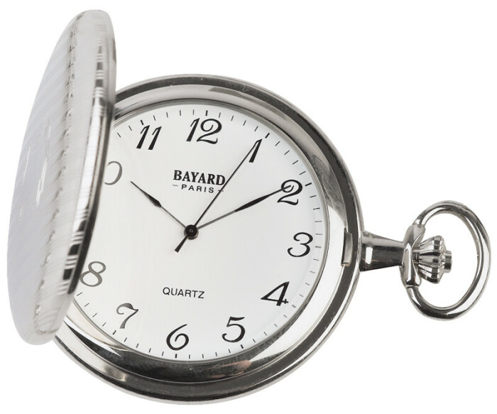 Montre mécanique de poche argentée avec clapet ouvert