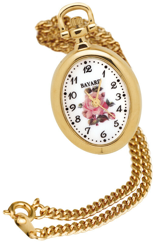 Montre pendentif ovale dor&eacute;e fleurie Bayard