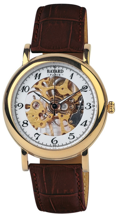 Montre mécanique en acier mouvement squelette bracelet marron Bayard