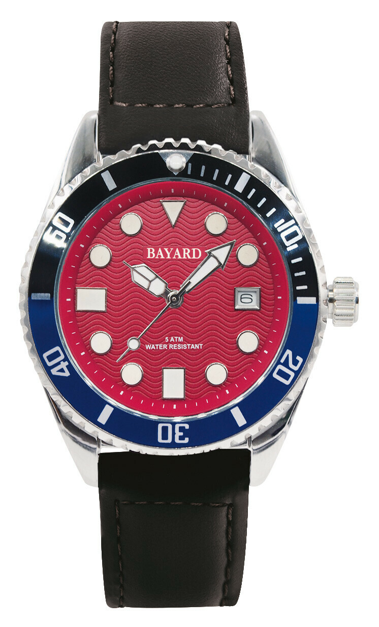 Montre lumineuse cadran rouge lunette tournante bicolore bracelet noir Bayard