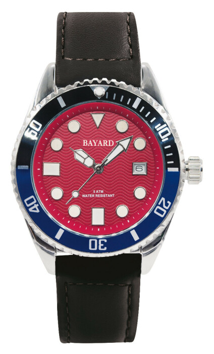 Montre lumineuse cadran rouge lunette tournante bicolore bracelet noir Bayard