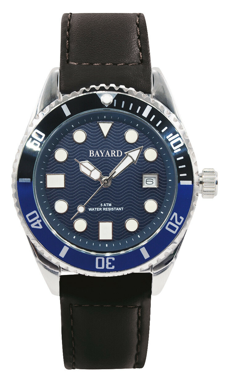 Montre lumineuse cadran bleu lunette tournante bicolore bracelet noir Bayard