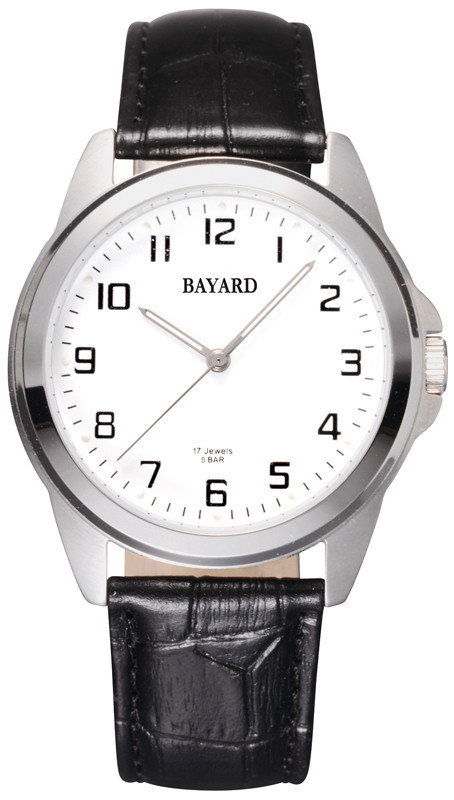Montre m&eacute;canique bracelet noir boitier argent&eacute; Bayard