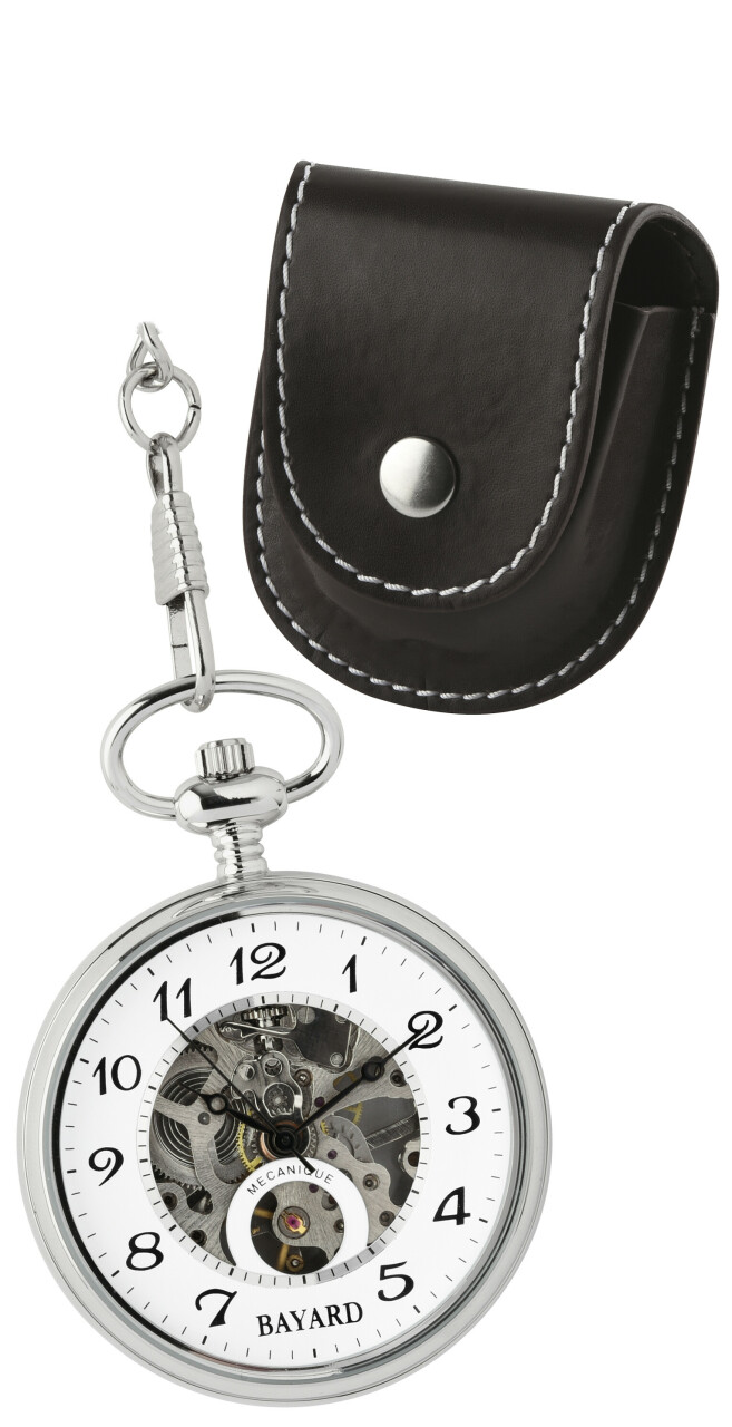 Montre m&eacute;canique de poche argent&eacute;e mouvement apparent avec pochette Bayard