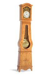 Horloge comtoise galbée en épicéa chapeau de gendarme sculptures colorées