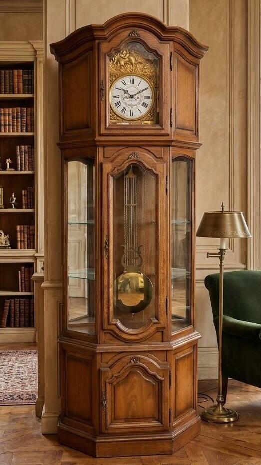 Horloge comtoise vitrine &agrave; sonnerie Westminster en ch&ecirc;ne massif
