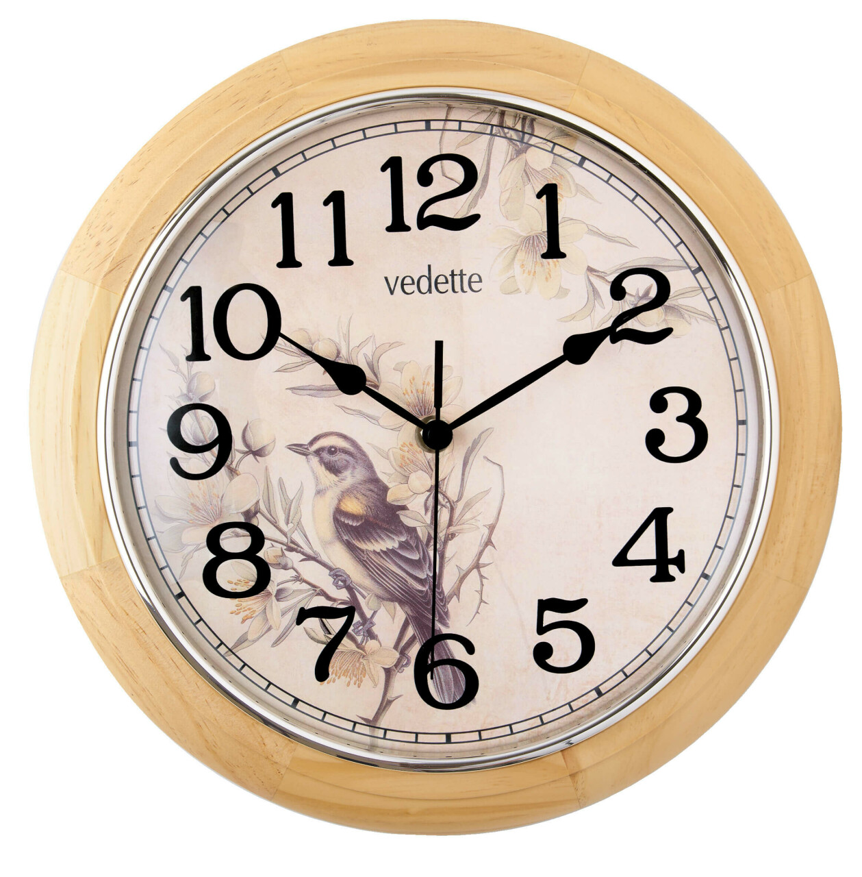 Pendule murale en bois massif ch&ecirc;ne clair cadran oiseau