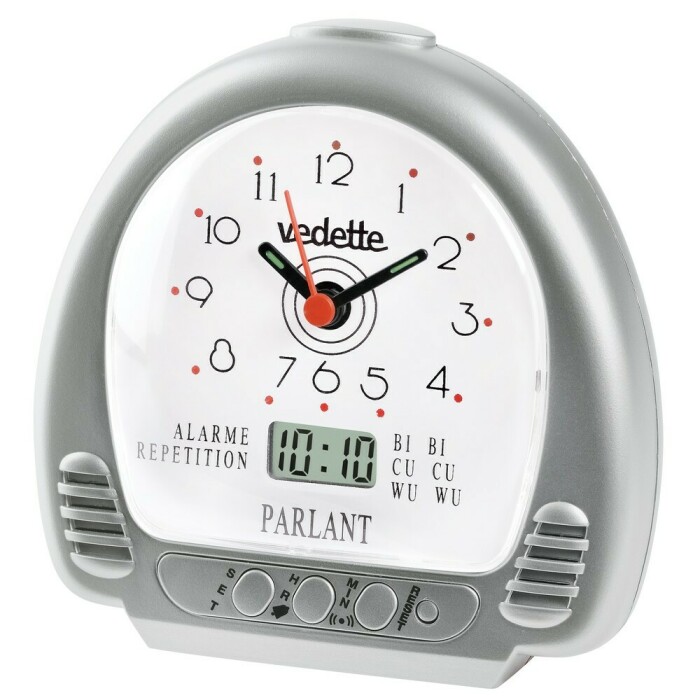 Réveil parlant argenté à répétition Vedette