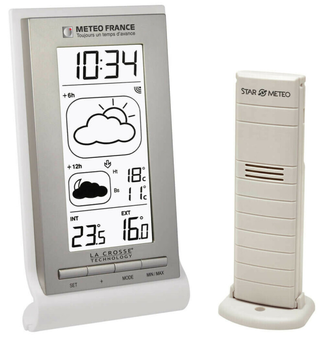 Station météo radio-pilotée grise avec prévisions météo