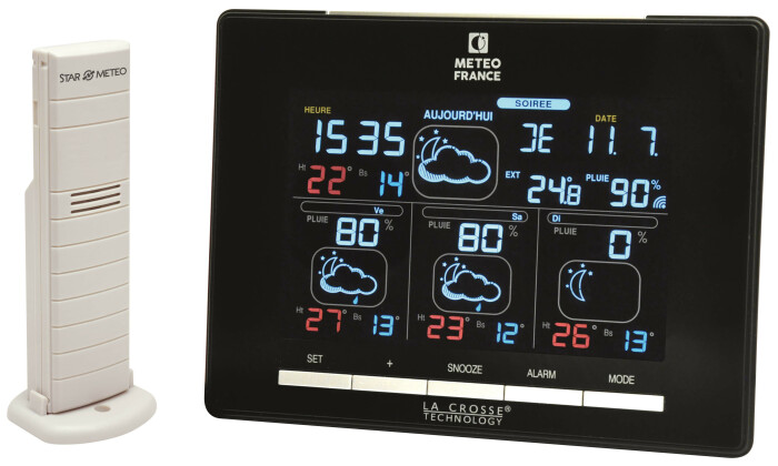 Station météo radio-pilotée noire avec fonction réveil et répétition