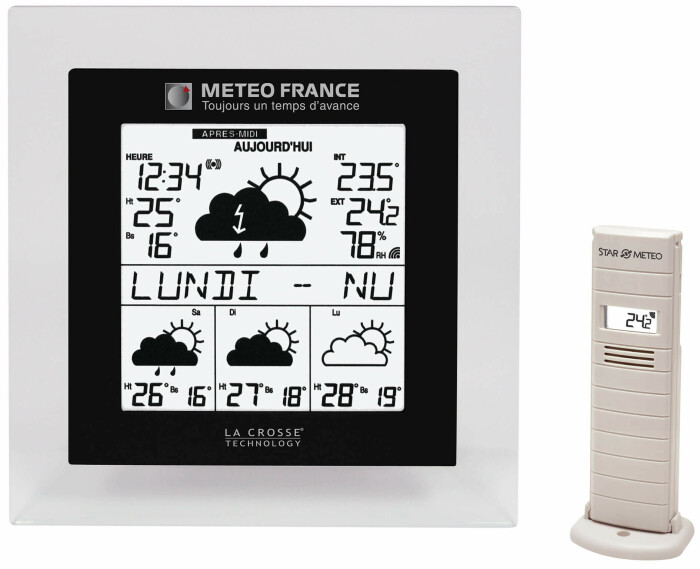 Station météo radio-pilotée blanche et noire avec fonction réveil