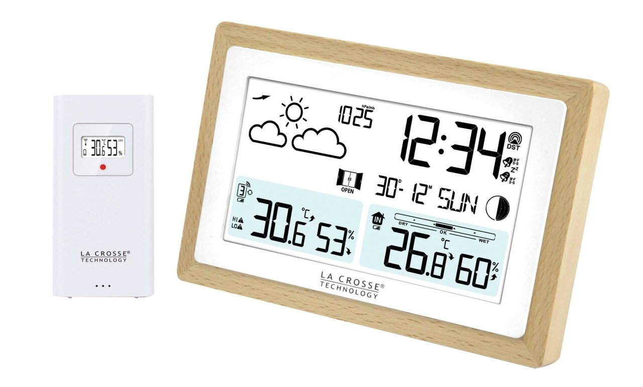 Station météo radio-pilotée en bois double alarme