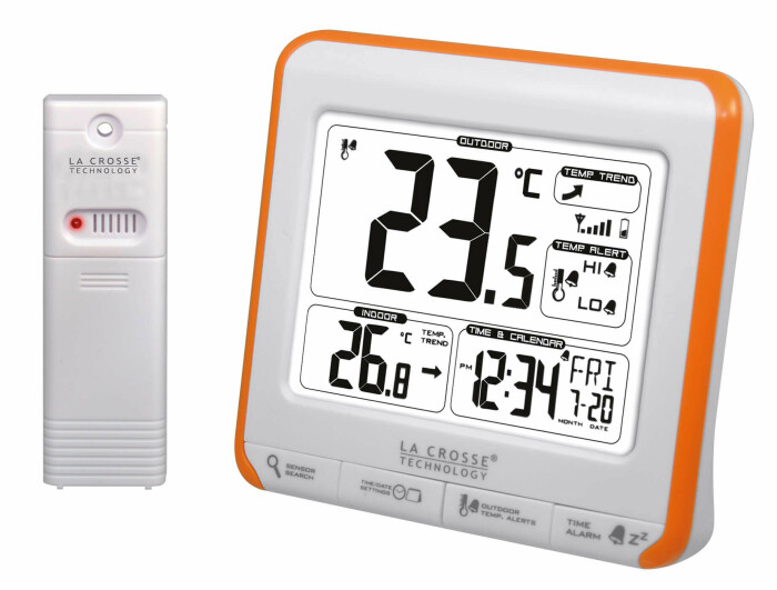 Station météo orange pratique et lisible avec réveil