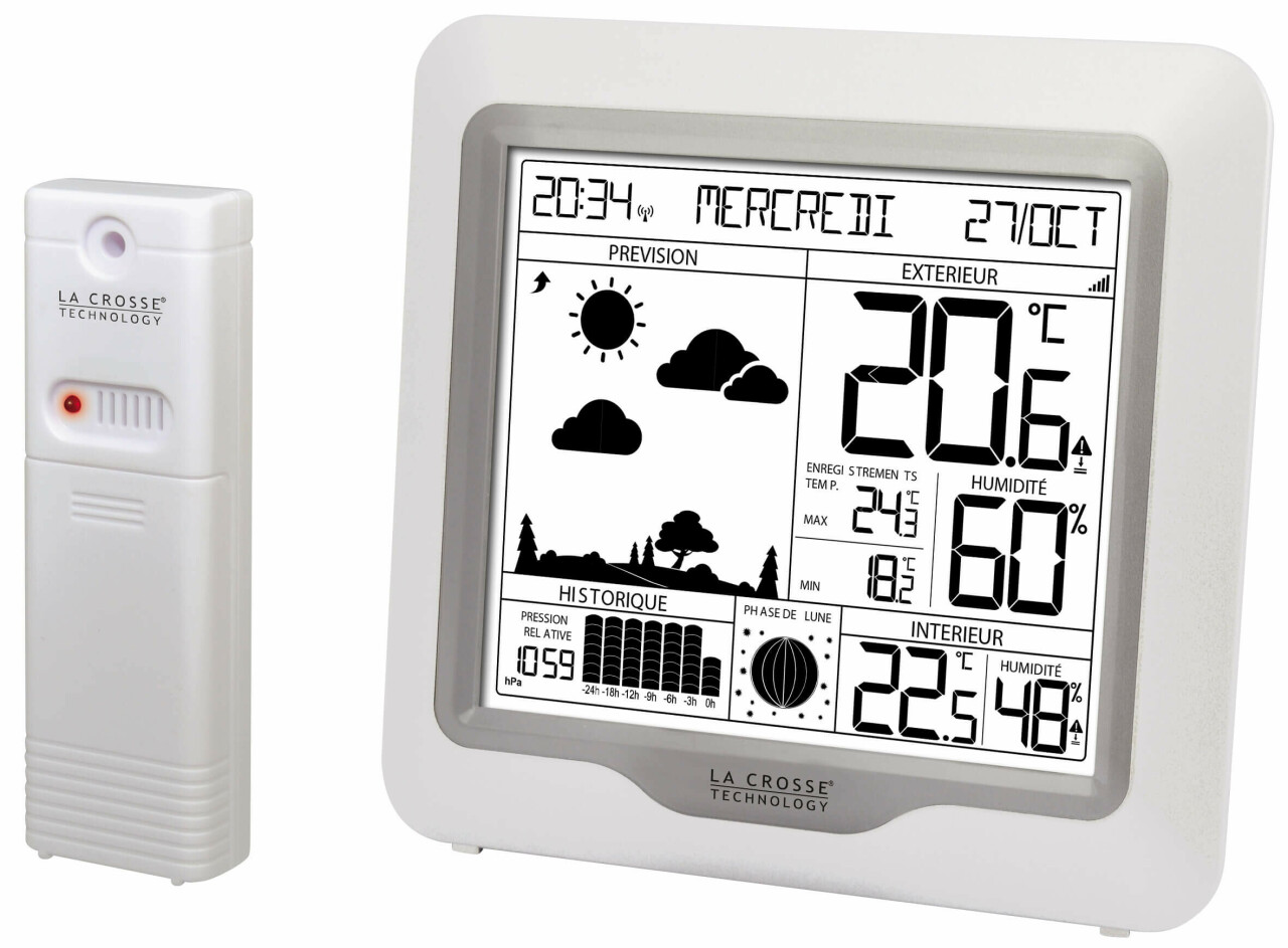 STATION METEO RADIO CONTROLEE AVEC 3 SONDES EXTERIEURES NOIR ET BLANC