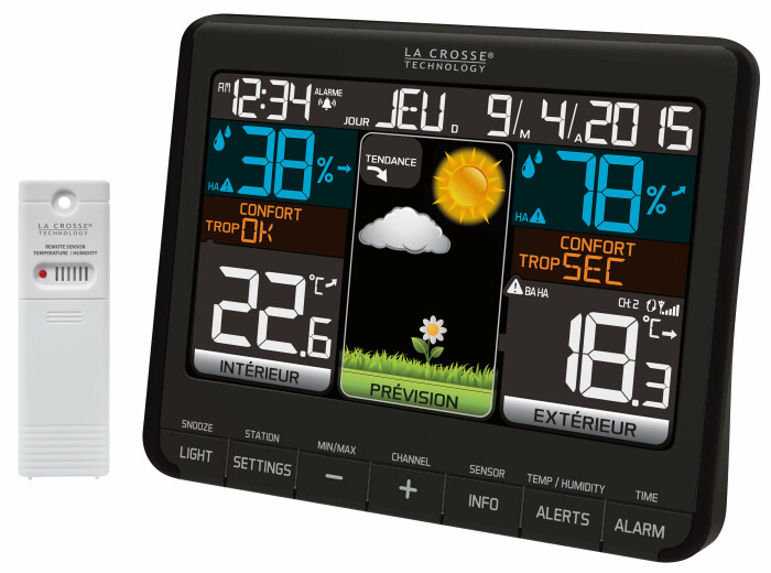 Station météo en couleurs avec prévision météo température et alarme