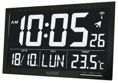 Horloge murale digitale radio pilot&eacute;e grand format fond noir digit blanc