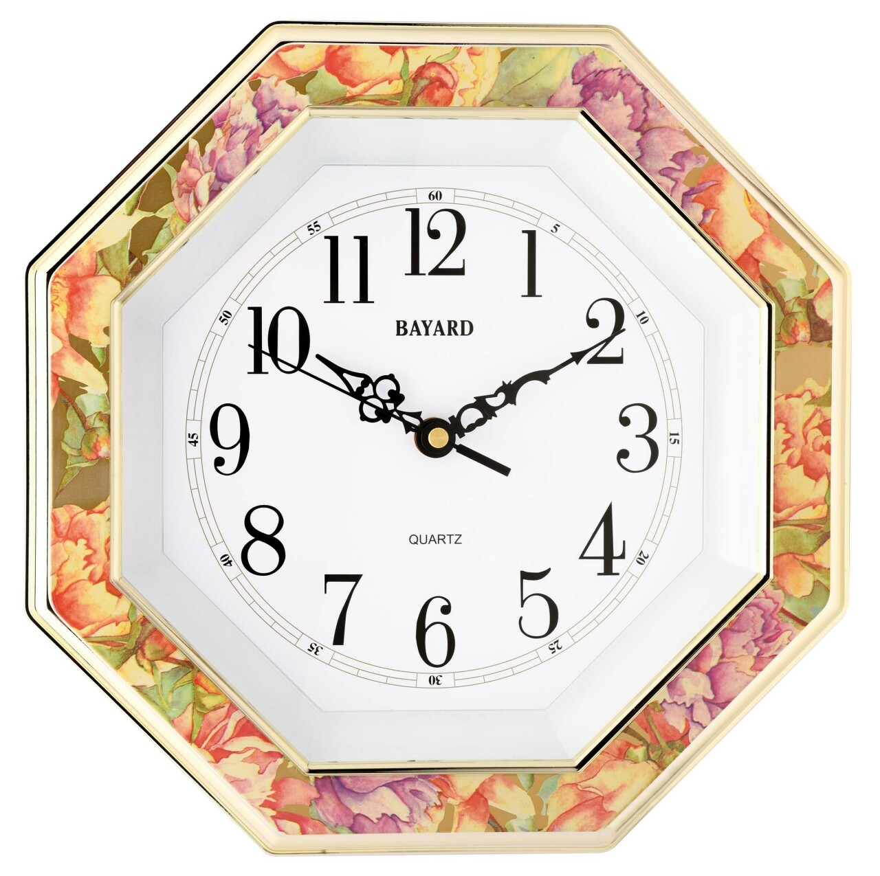 Pendule murale octogonale assiette Bayard entourage fleur rose / mauve