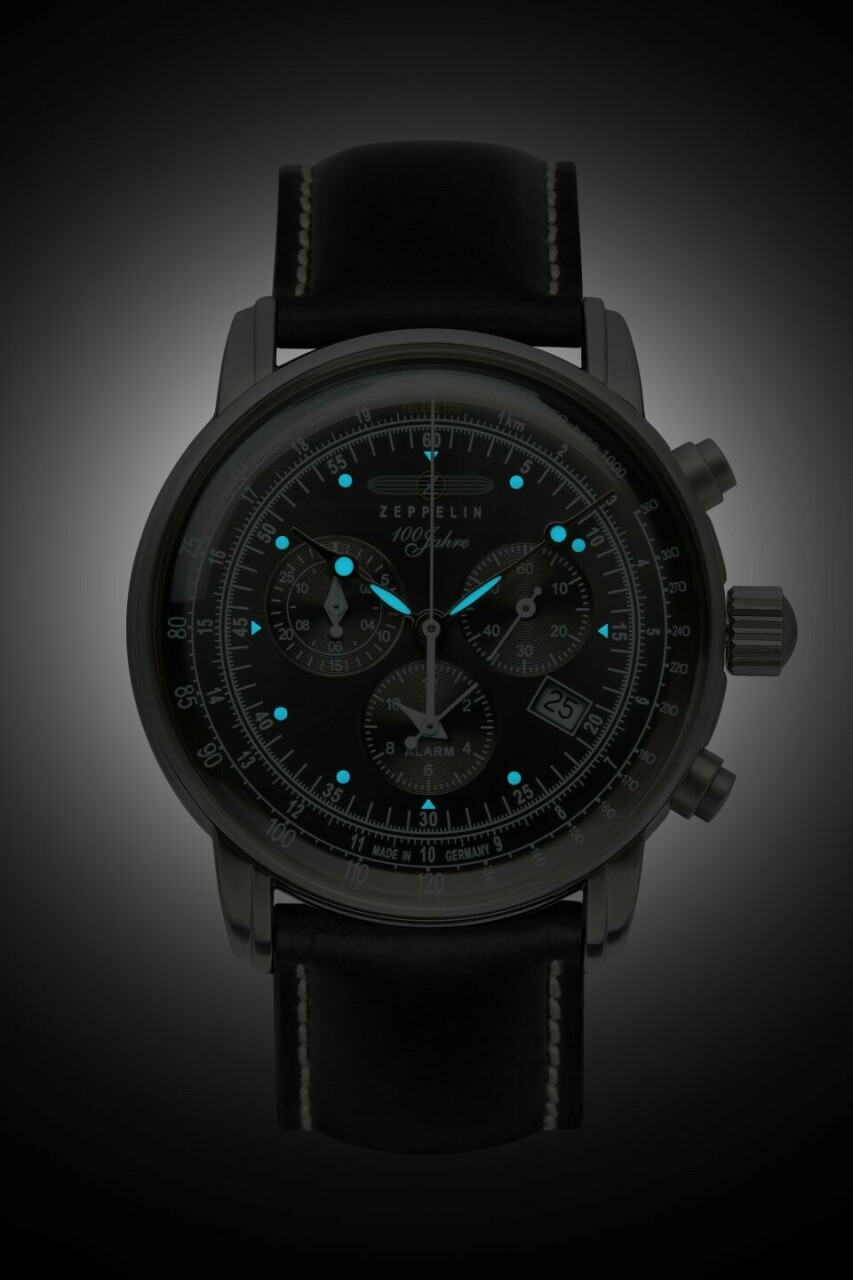 Montre chronographe &agrave; quartz 100 Jahre bracelet cuir cadran noir pour homme Zeppelin_nuit