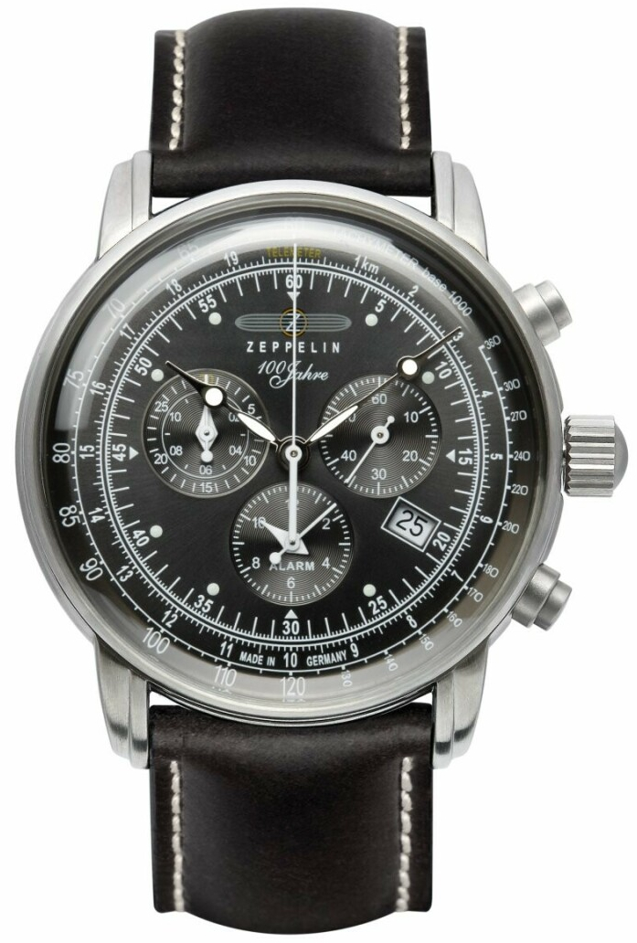 Montre chronographe &agrave; quartz 100 Jahre bracelet cuir cadran noir pour homme Zeppelin