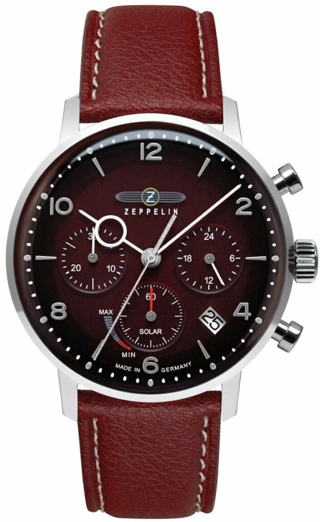 Montre LZ129 Hindenburg chronographe solaire bracelet cuir v&eacute;g&eacute;tal bordeaux pour homme Zeppelin