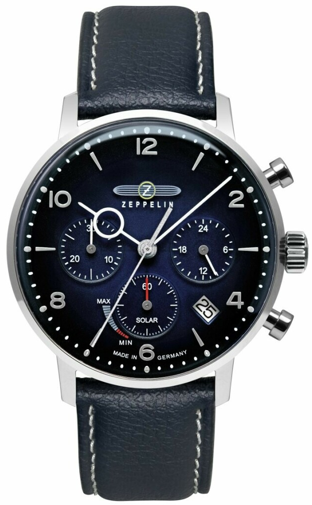 Montre LZ129 Hindenburg chronographe solaire bracelet cuir v&eacute;g&eacute;tal bleu pour homme Zeppelin