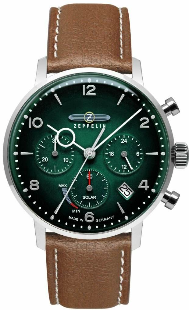 Montre LZ129 Hindenburg chronographe solaire bracelet cuir v&eacute;g&eacute;tal marron pour homme Zeppelin