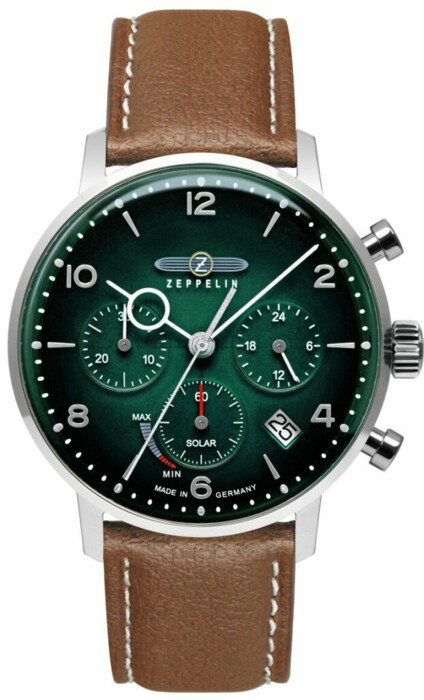 Montre LZ129 Hindenburg chronographe solaire cadran vert bracelet cuir v&eacute;g&eacute;tal marron pour homme Zeppelin