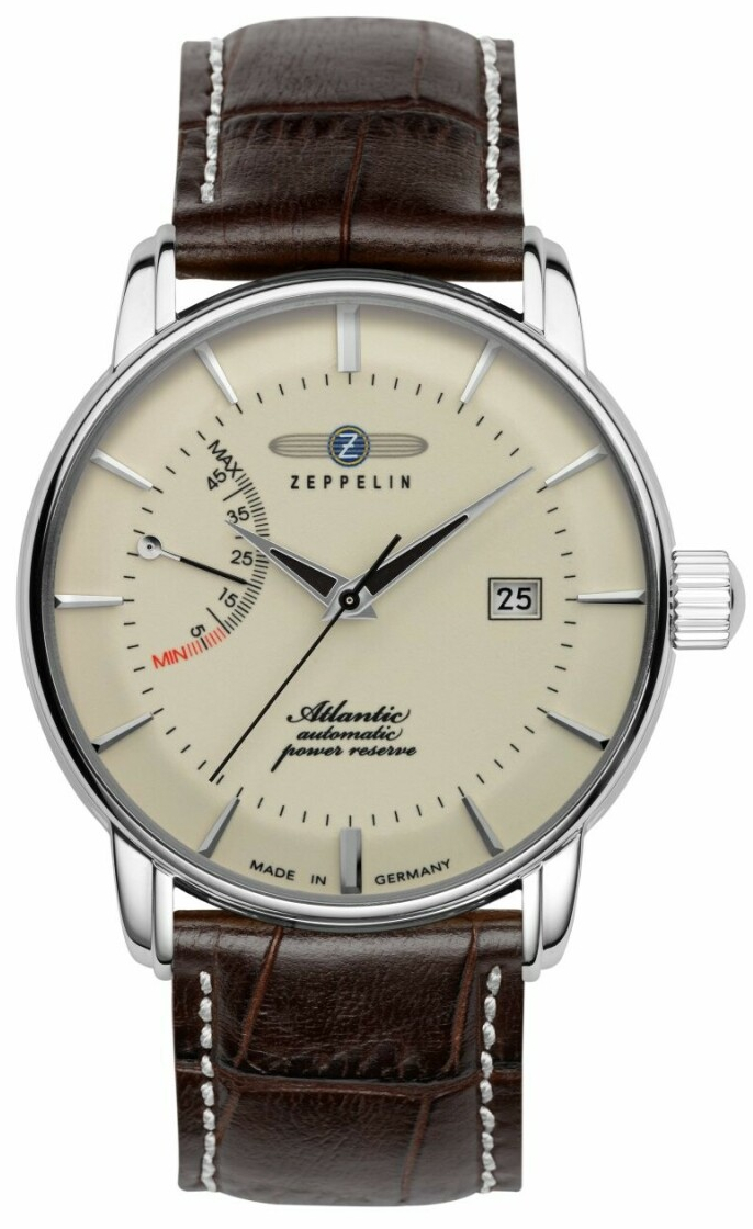 Montre automatique Zeppelin Atlantic r&eacute;serve de marche bracelet cuir pour homme cadran beige